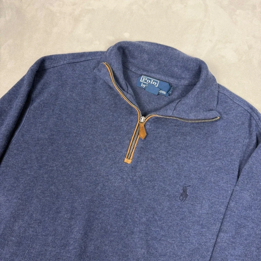 90s Mens Polo Ralph Lauren Elbow Patch Quarter Zip Pullover Blue Large
